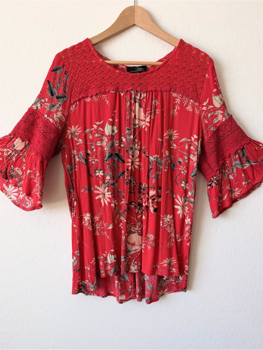 Suzanne Betro Red Floral Crochet Yoke Tunic Top